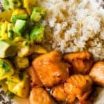 A decorative plate with grilled salmon chunks, white rice, and a salad of diced mango, avocado, and cilantro.