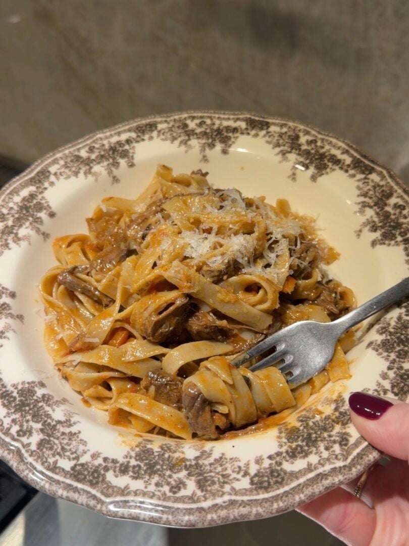 A hand holds a vintage-style bowl filled with beef ragu pasta topped with grated cheese, with a fork resting in the noodles.
