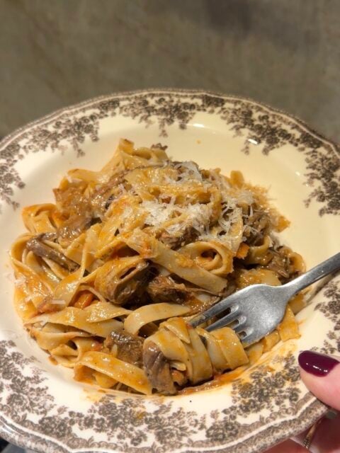 A fork twirls a portion of beef ragu tagliatelle topped with grated cheese in a decorative bowl.
