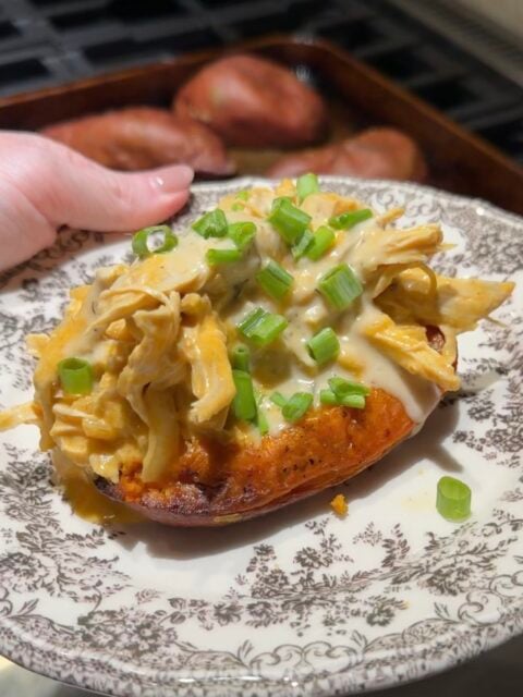 A baked sweet potato topped with creamy shredded chicken and chopped green onions on a patterned plate.