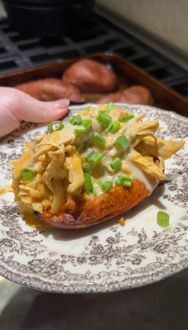 A baked sweet potato topped with creamy shredded chicken and chopped green onions on a patterned plate.