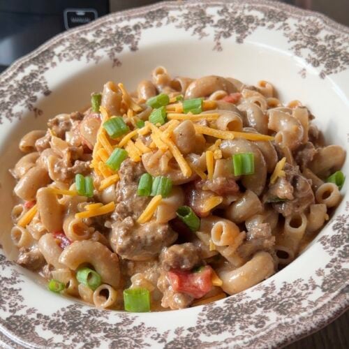 A bowl of creamy pasta with ground meat, topped with shredded cheddar cheese and chopped green onions.