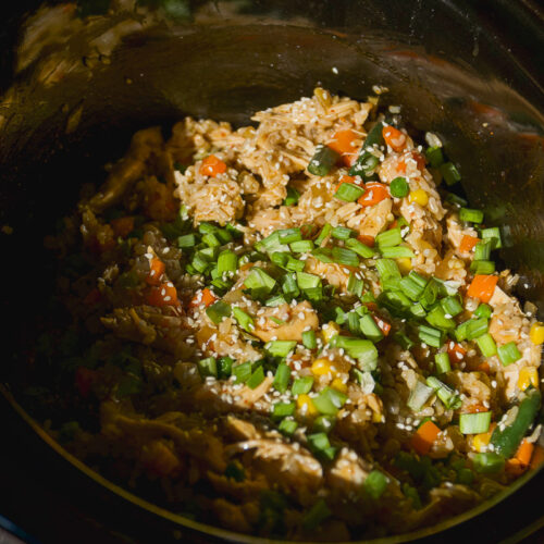 A slow cooker filled with chicken and vegetable fried rice topped with sesame seeds and chopped green onions.