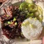 A plate featuring shredded dark meat, a scoop of white rice, and sliced cucumbers, all garnished with sesame seeds and chopped green onions.