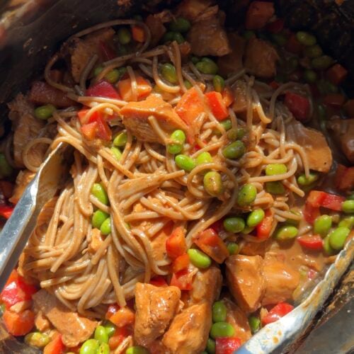Slow cooker pasta with chicken, edamame, and red bell peppers in a creamy sauce.