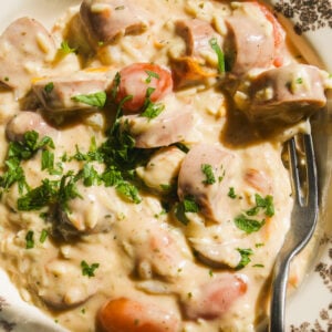Creamy pasta with sliced sausage and herbs in a patterned bowl, with a fork resting on the side.