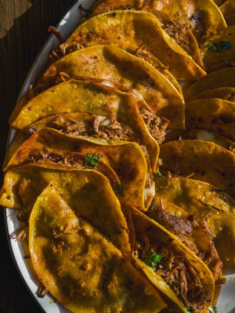A platter of golden-brown tacos filled with shredded meat and garnished with herbs, arranged in overlapping rows on a white plate.